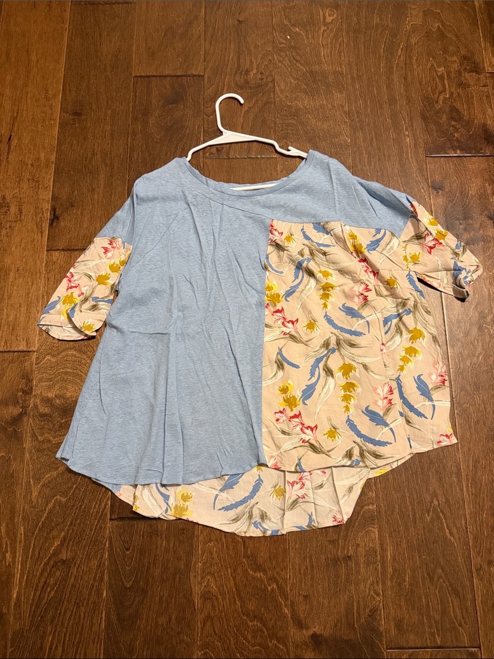 Mixed Fabric Blue and Floral Women's Blouse